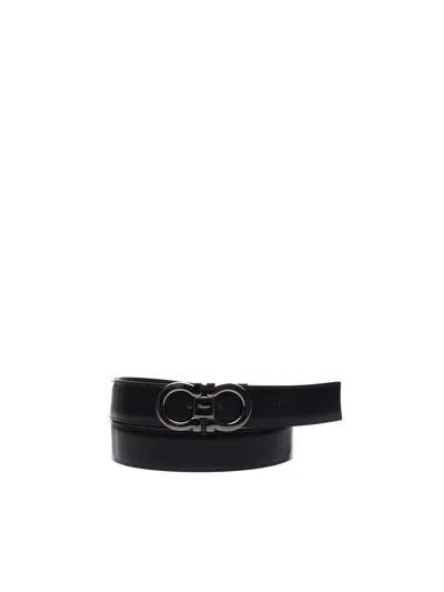 Ferragamo Gancini Shimmer Calfskin Belt In Black