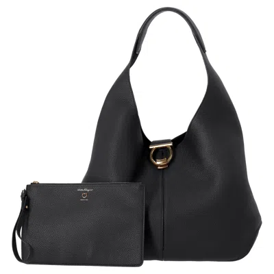 Ferragamo Gancini Shoulder Bag With Pouch In Black Leather