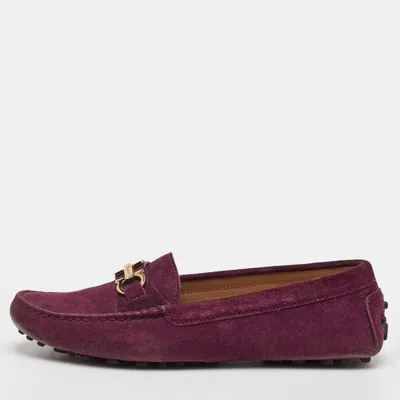 Pre-owned Ferragamo Gancini Size 35 Dark Purple Suede Slip On Loafers