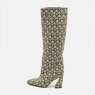 Pre-owned Ferragamo Gancini Size 37 Cream/black Canvas Knee Length Boots In White
