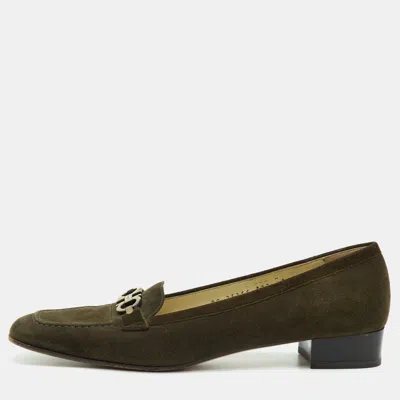 Pre-owned Ferragamo Gancini Size 39.5 Green Suede Loafers