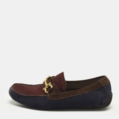 Pre-owned Ferragamo Gancini Size 40 Tricolor Suede Loafers In Blue
