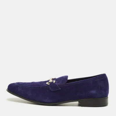 Pre-owned Ferragamo Gancini Size 43.5 Blue Suede Loafers