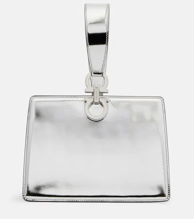 Ferragamo Gancini Small Metallic Leather Clutch In Silver