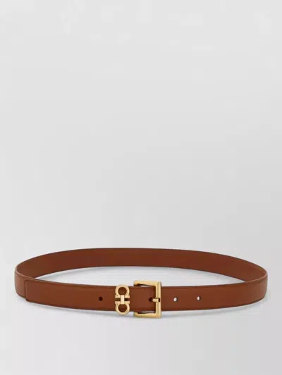 Ferragamo Double Gancini Square Buckle Leather Belt In Brown