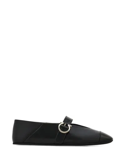 Ferragamo Rounded Toe Flat Shoes With Delicate Instep Strap In Black
