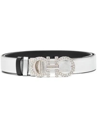 Ferragamo Women Gancini Strass Leather Belt In Neutral