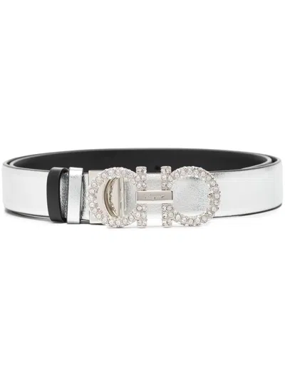 Ferragamo Gancini Strass Leather Belt In Brown