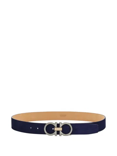 Ferragamo Gancini Suede Buckle Belt In Blue