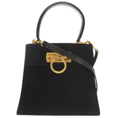 Pre-owned Ferragamo Gancini Suede Leather Handbag Shoulder Bag () In Black