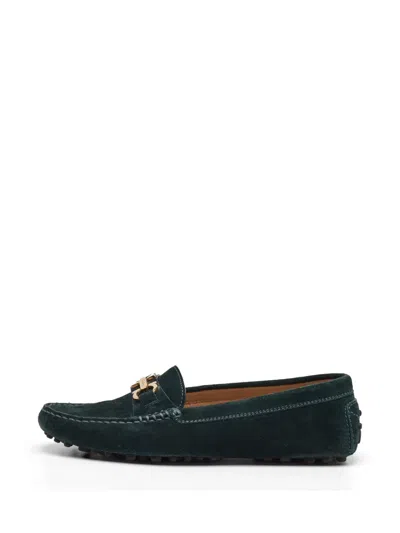 Pre-owned Ferragamo Gancini Suede Loafers In Green