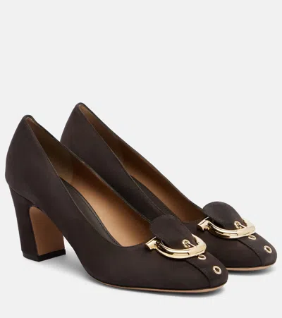 Ferragamo Gancini Hook Suede Pumps With 7 Cm Square Heel In Brown