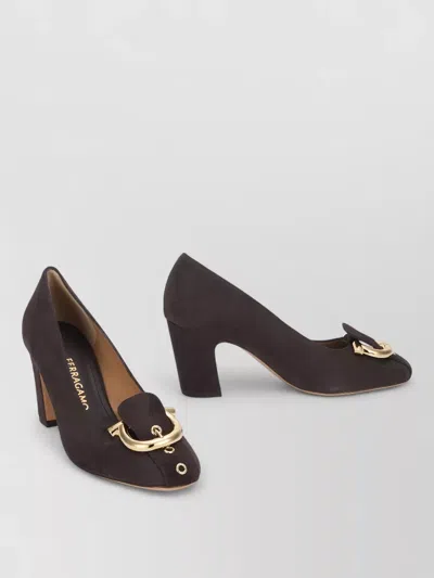 Ferragamo Gancini Hook Suede Pumps With 7 Cm Square Heel In Brown