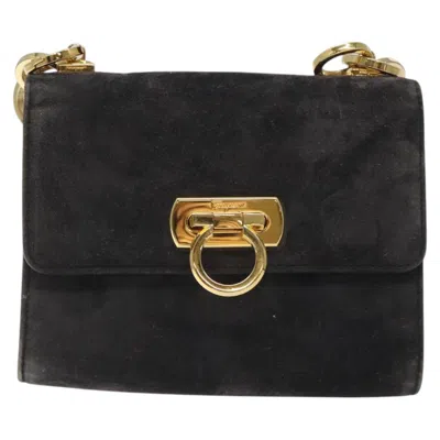 Pre-owned Ferragamo Gancini Suede Shoulder Bag () In Black