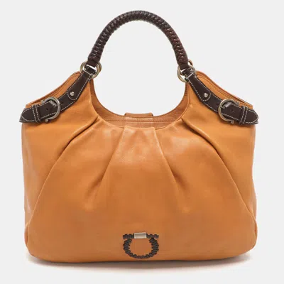 Pre-owned Ferragamo Gancini Tan Leather Hobo In Brown