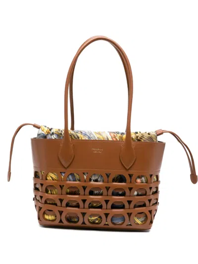 Ferragamo Brown Gancini Small Tote In Orange