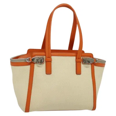 Pre-owned Ferragamo Gancini Tote Canvas And Leather Canvas Tote Bag Bag () In Sand
