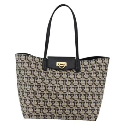 Pre-owned Ferragamo Gancini Travel Tote Gancini Jacquard Canvas Tote Bag Bag () In Sand