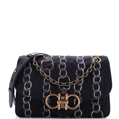 Ferragamo Gancini Turnlock Flap Bag Quilted Printed Silk Medium In Black