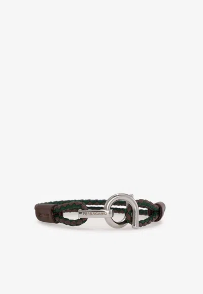 Ferragamo Gancini Two-tone Braided Leather Bracelet In Brown