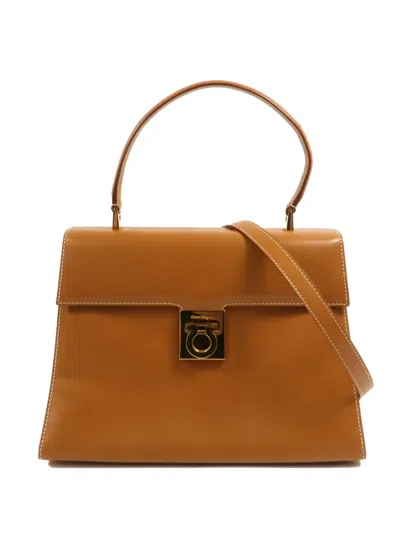 Pre-owned Ferragamo Gancini Two-way Calfskin Tote Bag In Brown