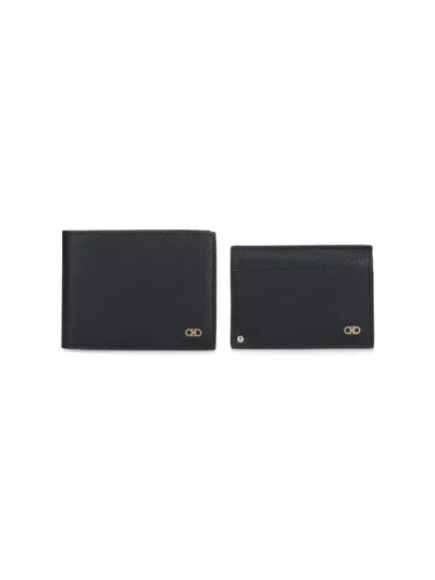 FERRAGAMO FERRAGAMO "GANCINI" WALLET AND CARD HOLDER SET – BLACK