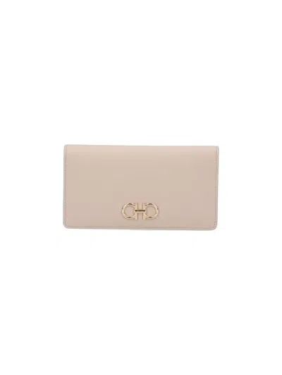 Ferragamo Gancini Wallet In Textured Cream Calfskin Leather