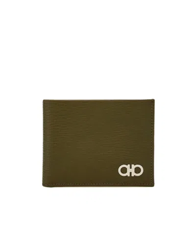 Ferragamo Gancini Wallet In Olive Green/testa Di Moro/coffee