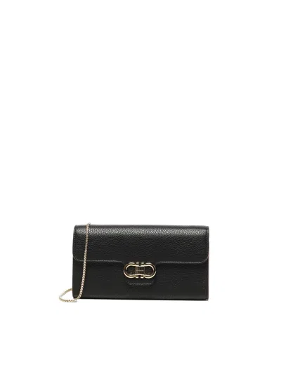 Ferragamo Gancini Wallet With Shoulder Strap In Black
