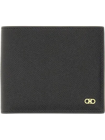 Ferragamo Gancini Wallet With Textured Finish In Black