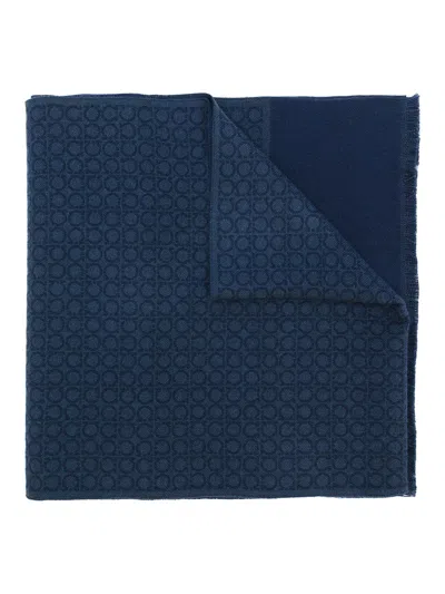 Ferragamo Gancini-print Fringe Scarf In Blue