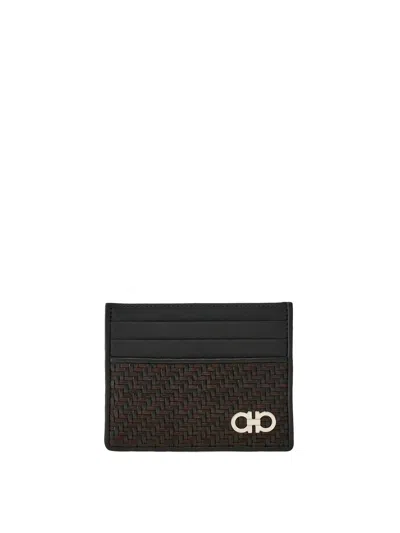 Ferragamo Gancini Woven Card Holder In Black