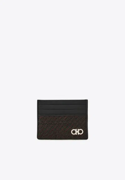 Ferragamo Gancini Woven Leather Cardholder In Brown