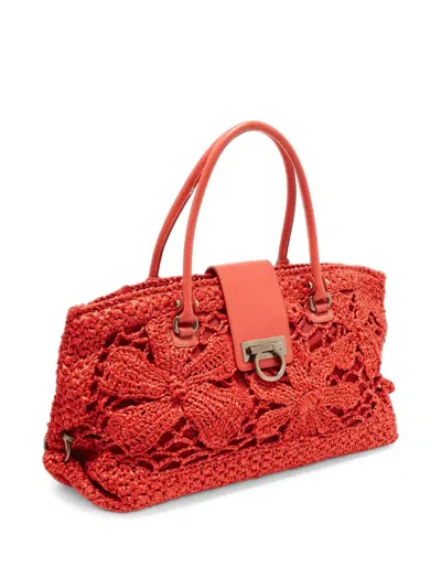 Pre-owned Ferragamo Gancini Woven Satchel Bag In Red