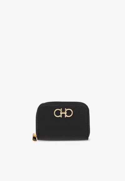 Ferragamo Gancini Zip Cardholder In Calf Leather In Black