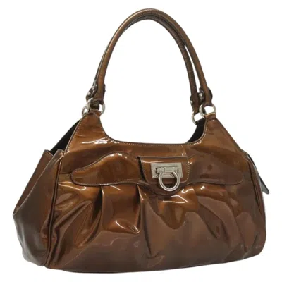 Pre-owned Ferragamo Gancini Zip Tote Leather Patent_leather Handbag () In Brown