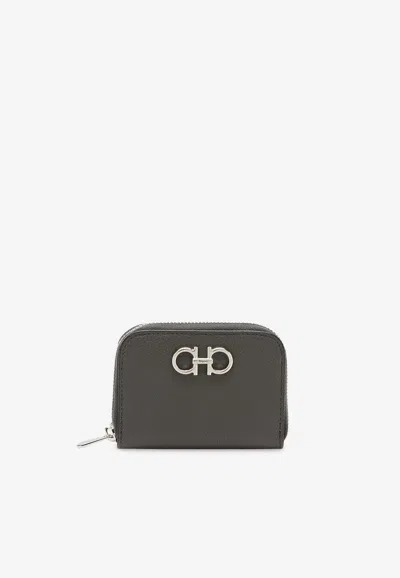 Ferragamo Gancini Zipped Leather Cardholder In Gray