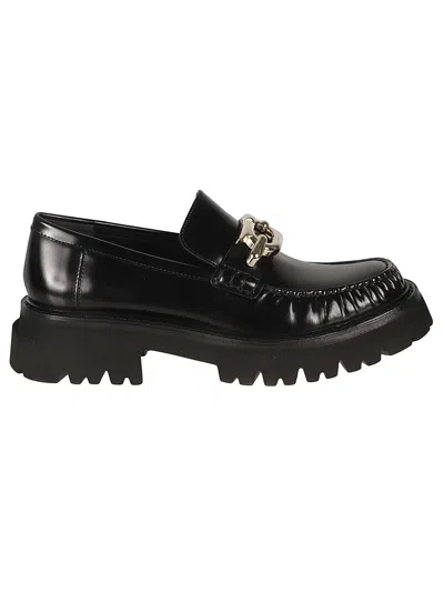 FERRAGAMO FERRAGAMO GANCINI-BUCKLE BLACK LEATHER LOAFERS