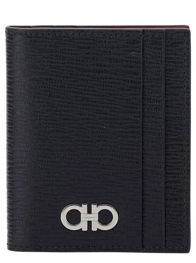 Ferragamo Gancini-embellished Calf Leather Card Case In Black