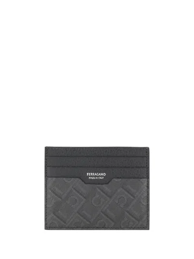 Ferragamo Gancini-embossed Calf Leather Card Case In Gray