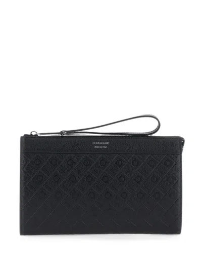 Ferragamo Gancini-embossed Leather Clutch Bag In Black
