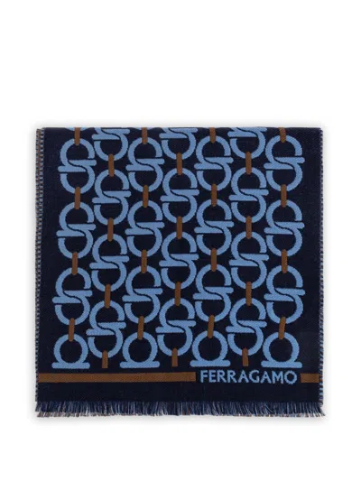 Ferragamo Gancini-jacquard Fringed Scarf In Blue