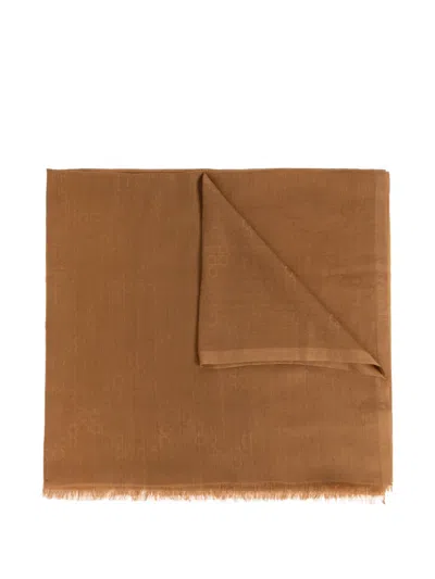 Ferragamo Gancini-monogram Frayed Scarf In Brown