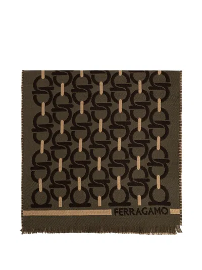 Ferragamo Gancini-pattern Frayed Scarf In Green