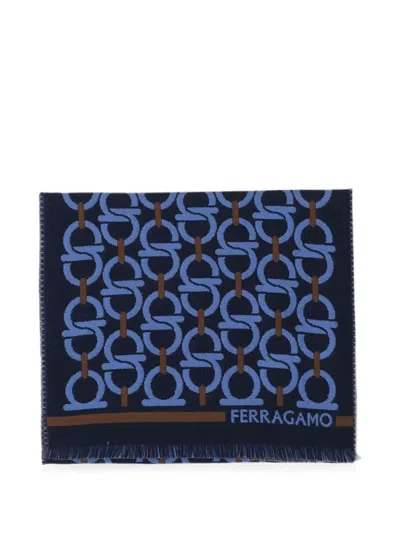 Ferragamo Gancini-pattern Fringed Scarf In Blue