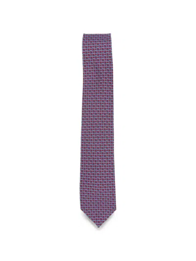 Ferragamo Dark Blue Gancini Silk Twill Cerchio Tie In Purple