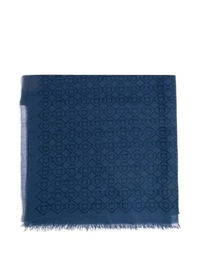 Ferragamo Gancini-print Frayed Scarf In Blue