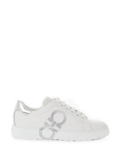 Ferragamo Gancini-print Leather Sneakers In White
