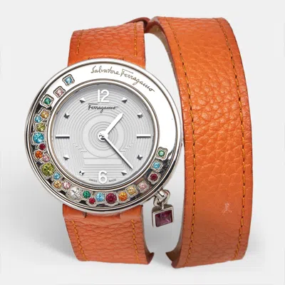 Pre-owned Ferragamo Gancino Sparkling F64 Silver White Dial Stainless Steel Leather Women's Wristwatch 36.5 Mm In Orange