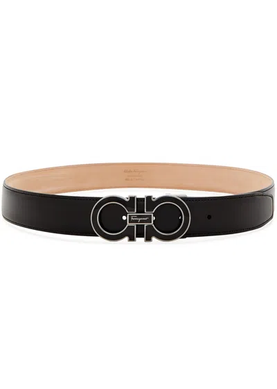 Ferragamo Gancio Black Leather Belt In Black And Silver